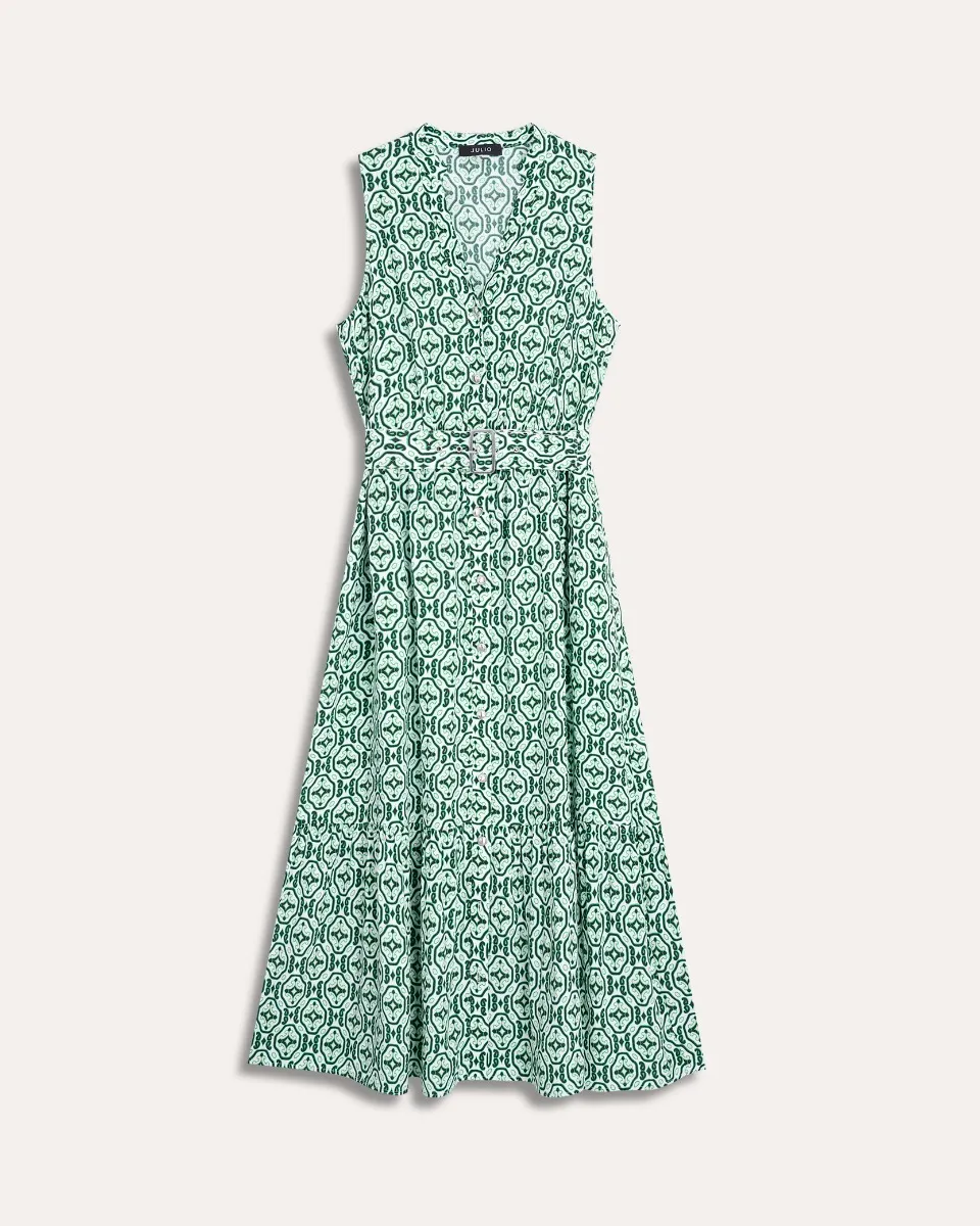 Maxi Vestido Verde Trébol Estampado Mediterráneo Escote V Y Cinturón 
