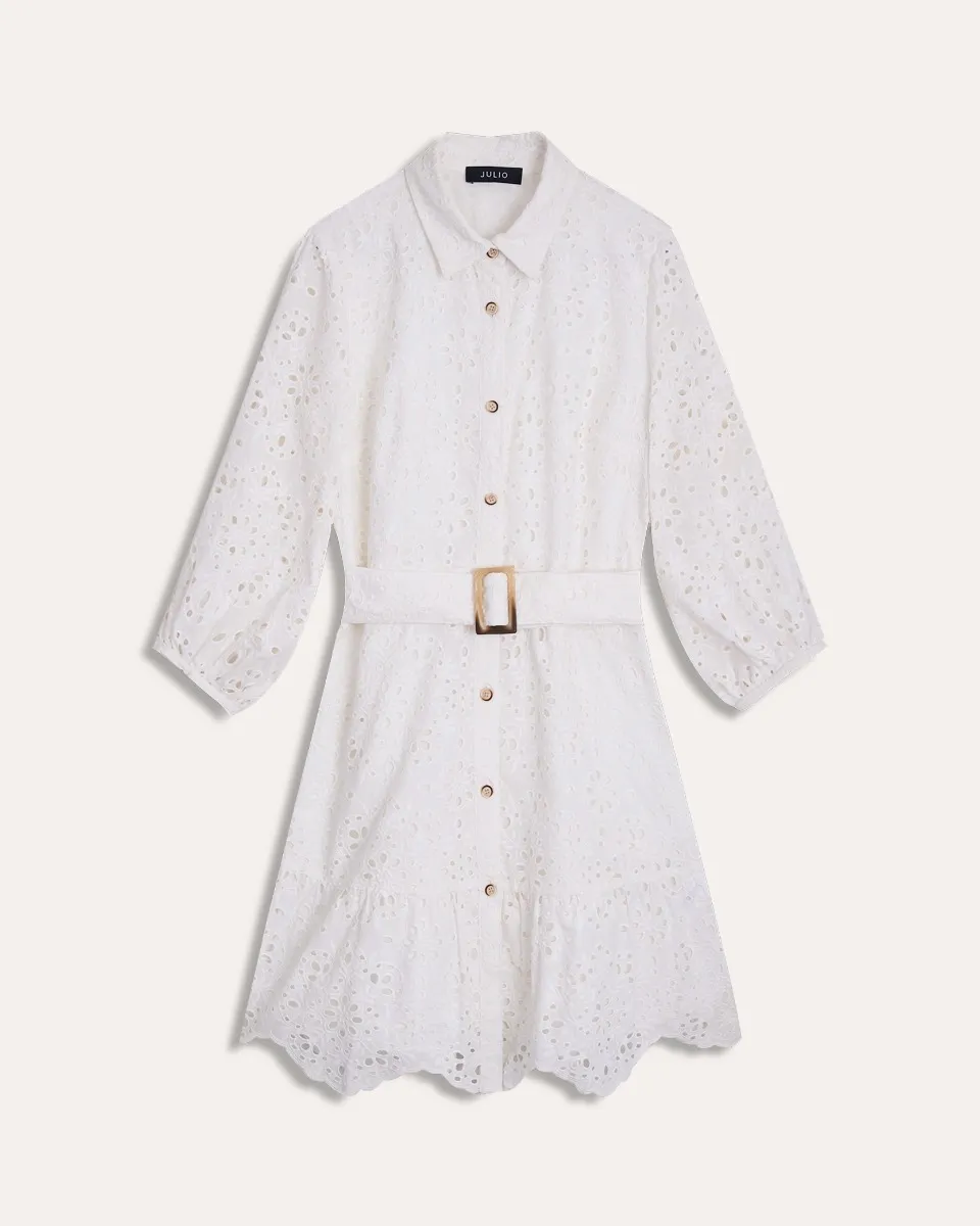Vestido Corto Camisero Blanco Bordado Floral Manga 3/4 JULIO
