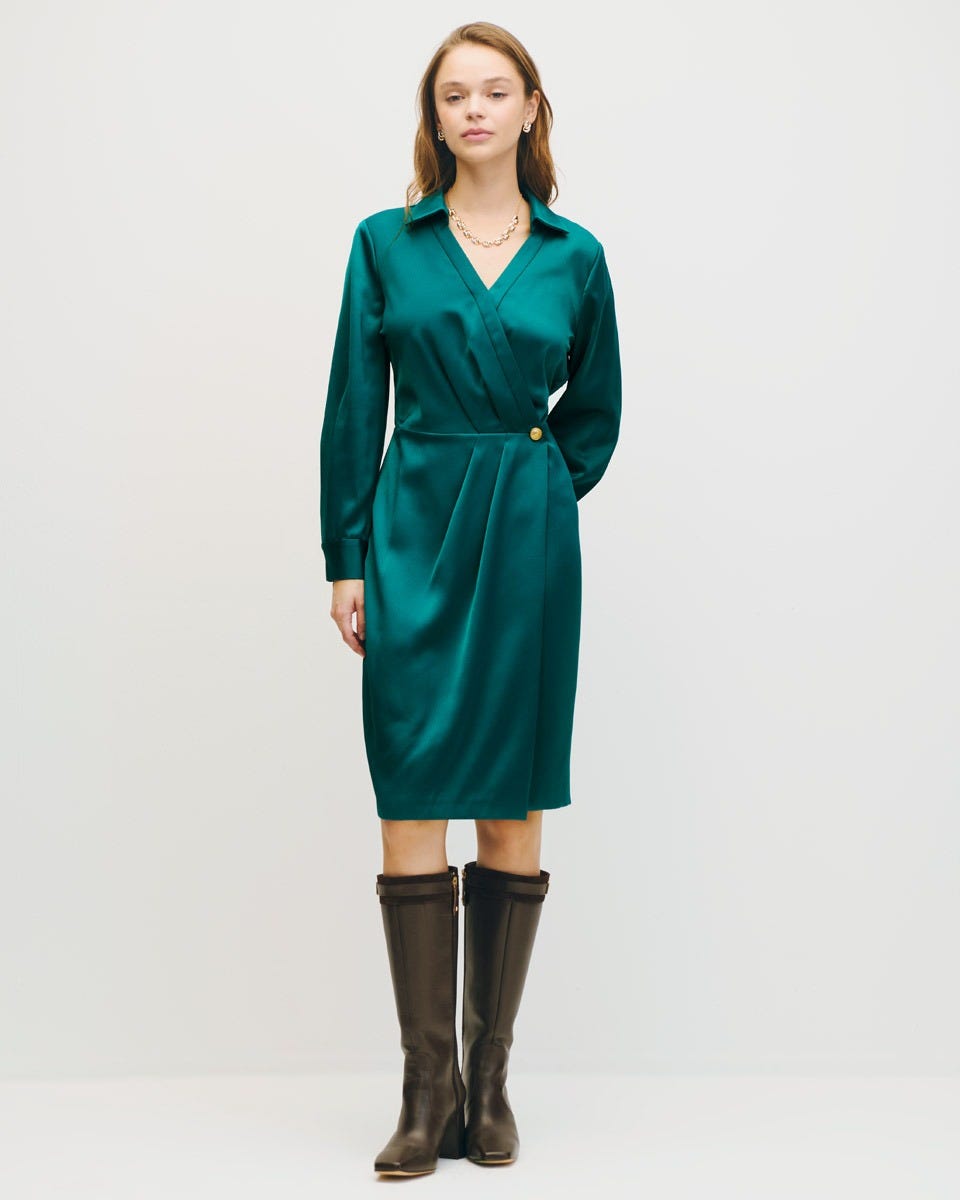 Vestido De Satín Envolvente Esmeralda Con Alforzas 