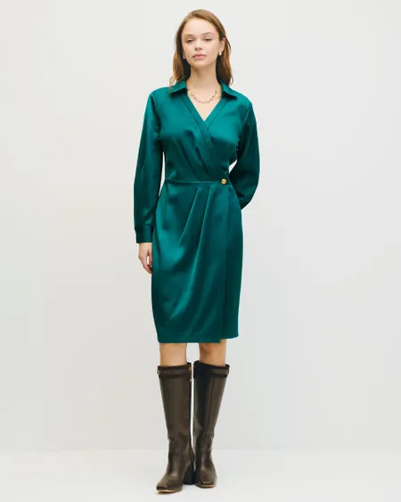 Vestido De Satín Envolvente Esmeralda Con Alforzas