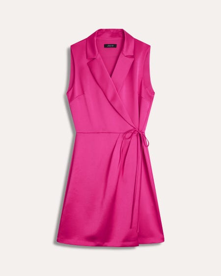 Vestido De Satín Envolvente Fucsia Con Solapa