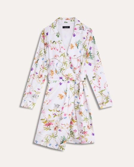 Vestido Envolvente Blanco Estampado Botánico Satinado Con Solapa