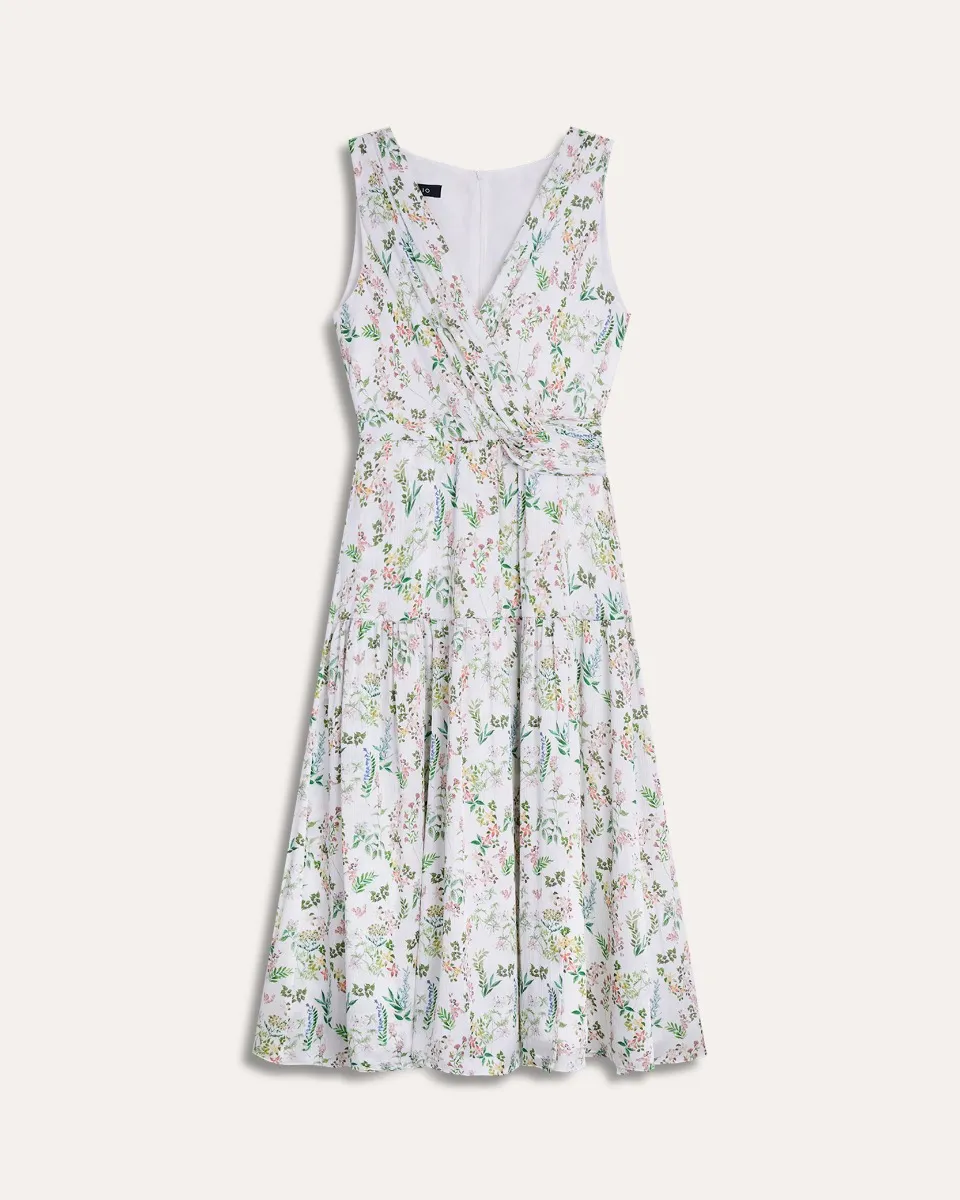 Vestido Midi De Satín Corrugado Estampado Floral Drapeado En Cintura 