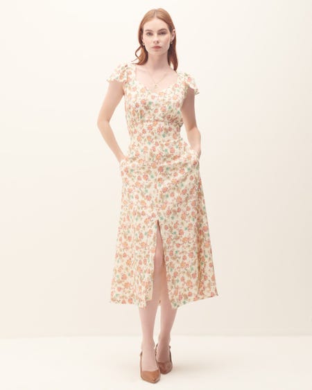 Vestido Midi Estampado Floral Corrugado Escote Corazón Manga Escarola