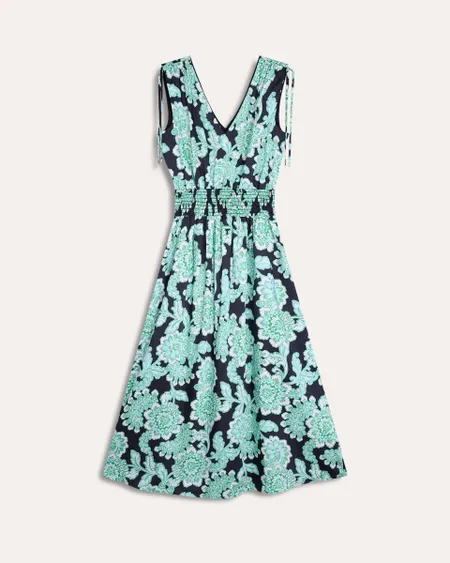 Vestido Midi Satinado Estampado Maxi Floral Verde Trébol Enresortado