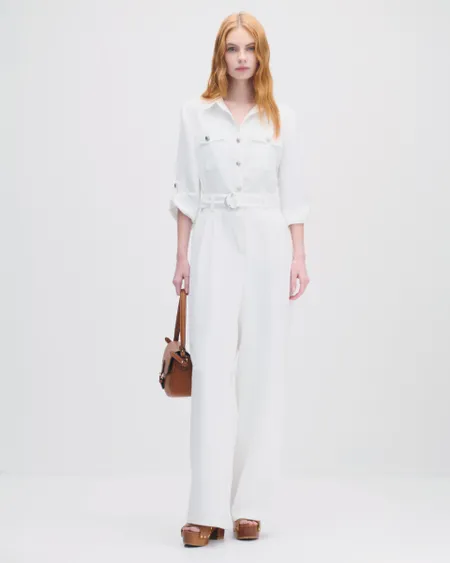 Jumpsuit Blanco Recto Fluido Cuello Camisero Manga 3/4 Con Charreteras
