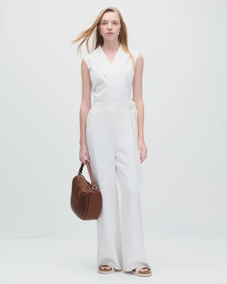 Jumpsuit Palazzo Blanco De Lino Solapa Cruzada De Pico Amarre En Cintura