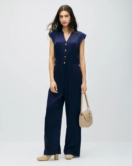 Jumpsuit Palazzo De Satín Índigo Cuello Mao Corte Francés