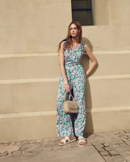 Jumpsuit Palazzo Estampado Floral Bicolor Pinzas Y Banda