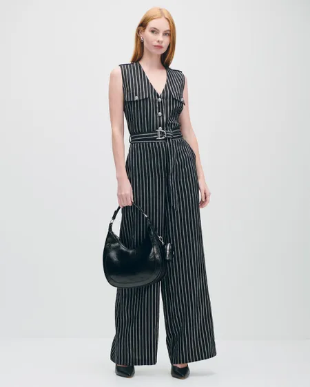 Jumpsuit Palazzo Negro A Rayas Efecto Corrugado
