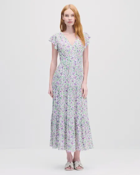 Maxi Vestido Corte Imperio Mini Print Floral Acuarela Enresortado En Espalda