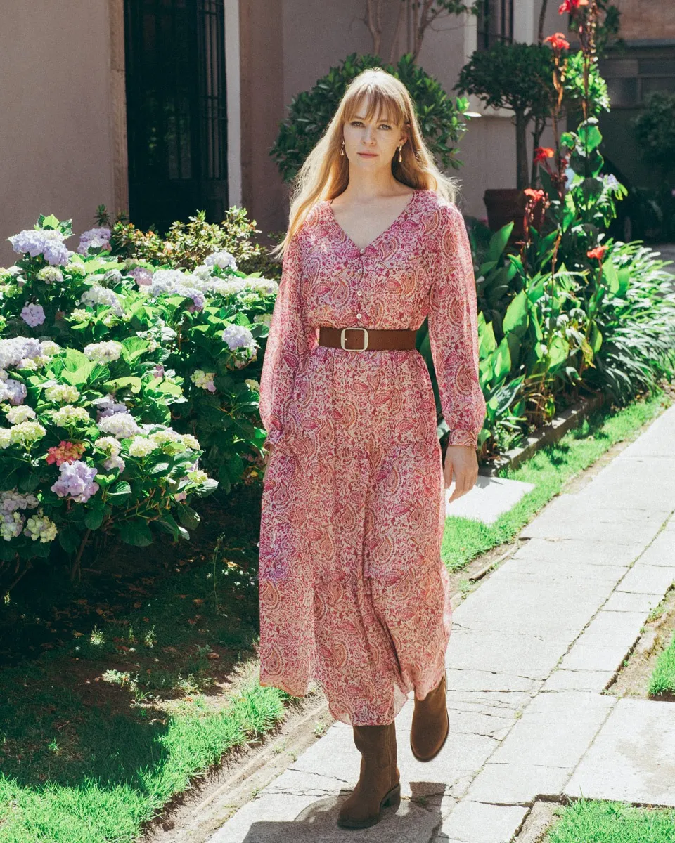 Maxi Vestido De Satín Fucsia Estampado Ornamental Con Cinturón 