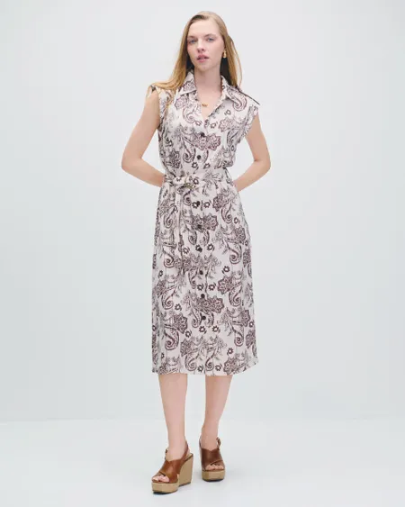 Vestido Camisero De Jacquard Ornamental Marrón Charreteras Y Banda