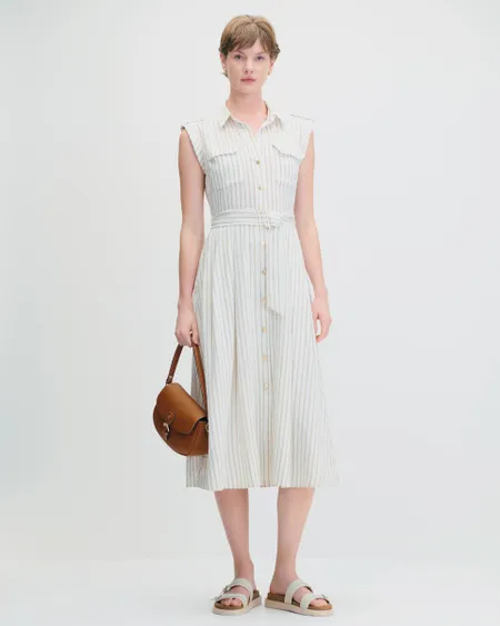 Vestido Camisero Línea A Rayas Canela Banda Y Charreteras