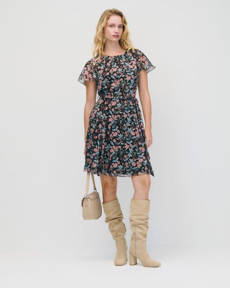 Vestido Corto Fit And Flare Floral Con Lúrex Manga Campana