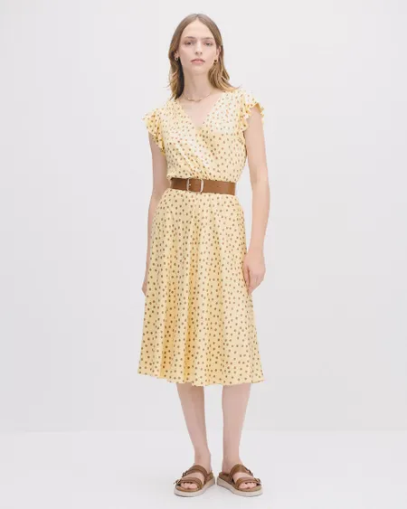 Vestido De Satín Fit And Flare Amarillo Lunares Con Cinturón