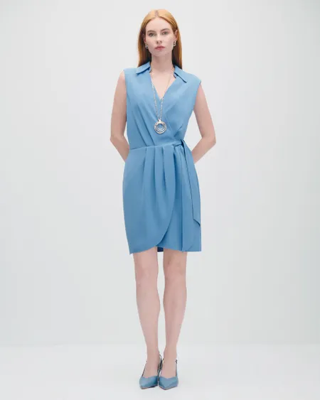 Vestido Envolvente Azul Azulino Cuello Camisero Y Alforzas