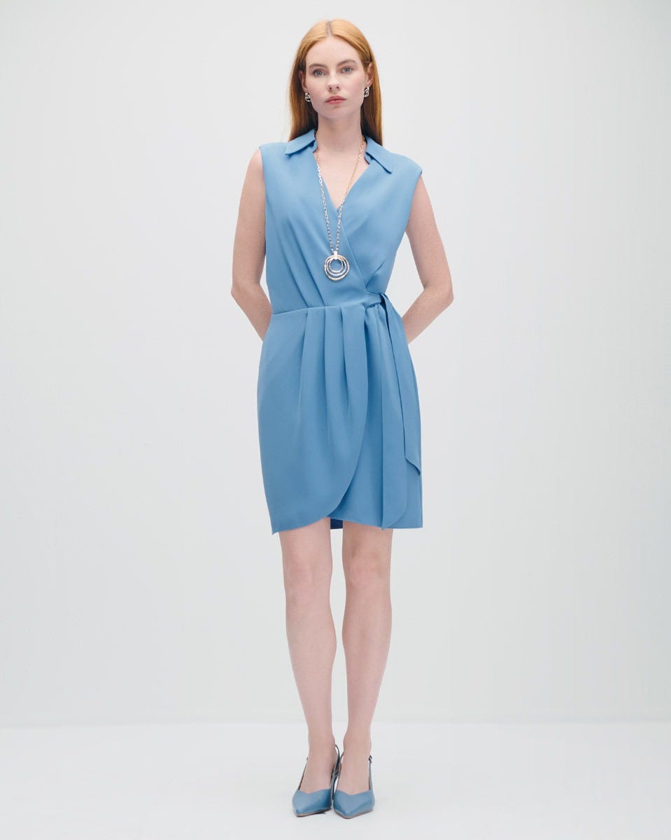 Vestido Envolvente Azul Azulino Cuello Camisero Y Alforzas 