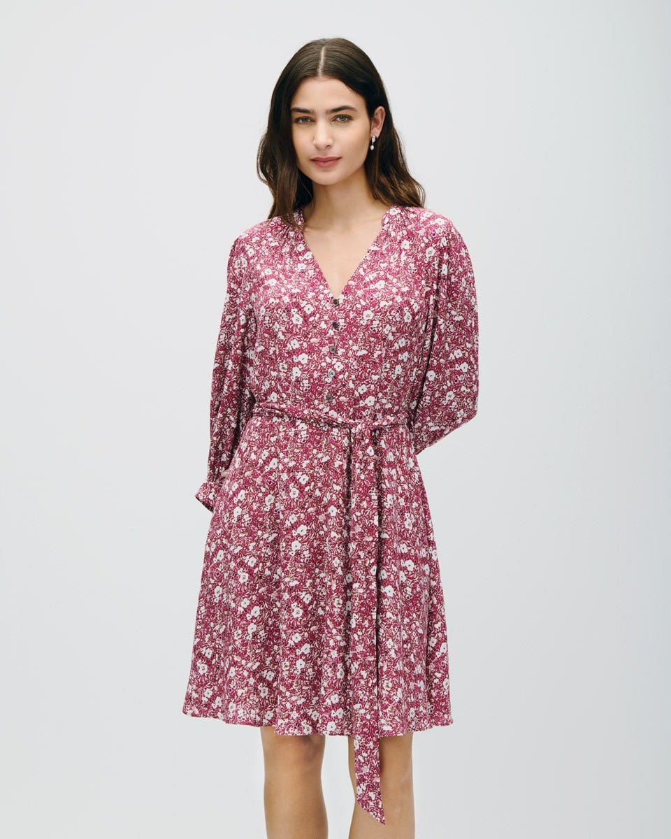 Vestido Fit And Flare Fucsia Estampado Floral Manga 3/4 