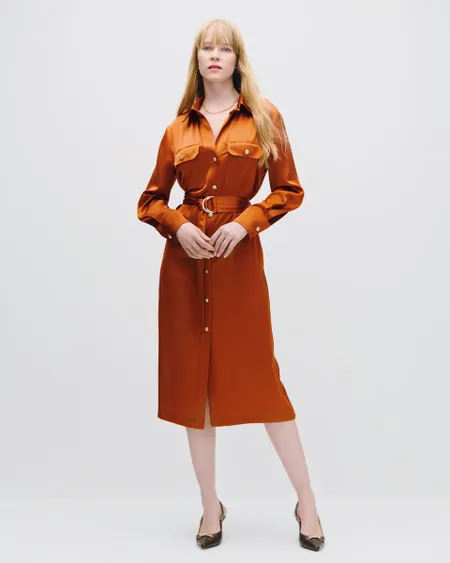 Vestido Midi Camisero De Satín Con Textura Bronce Con Banda