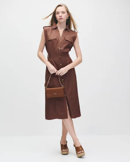 Vestido Midi Camisero Marrón De Lino Charreteras Y Hebillas En Cintura