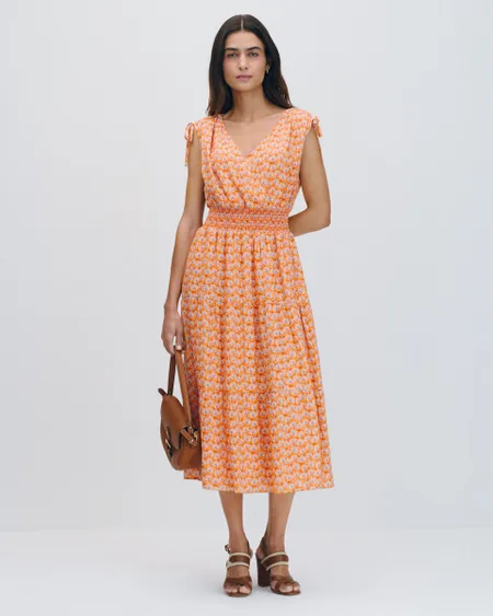 Vestido Midi Estampado Ornamental Enresortado En Cintura Jaretas En Hombro