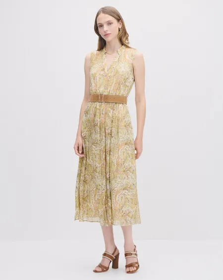 Vestido Midi Fit And Flare Chifón Corrugado Estampado Paisleys Con Cinturón