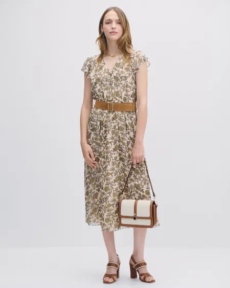 Vestido Midi Fit And Flare Chifón Estampado Floral Con Cinturón