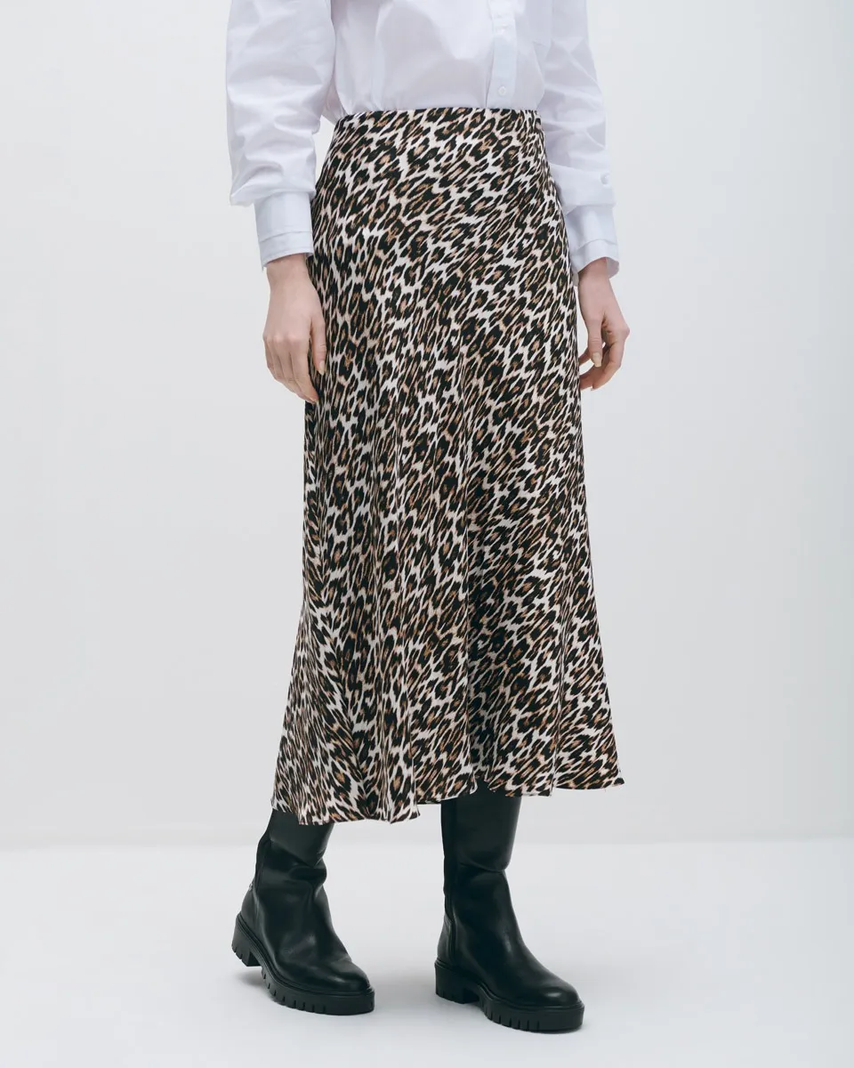 Falda Midi De Satín Animal Print Cintura Alta 