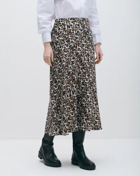 Falda Midi De Satín Animal Print Cintura Alta