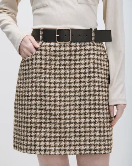 Mini Falda Café De Tweed Con Cinturón