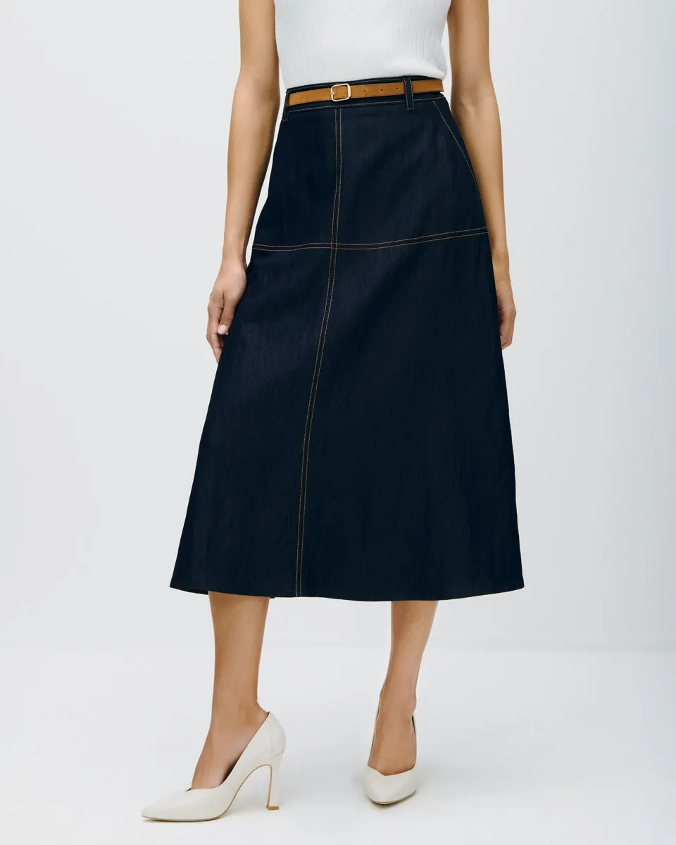 Falda Midi Línea A Sarga Ligera Tipo Denim Con Cinturón 