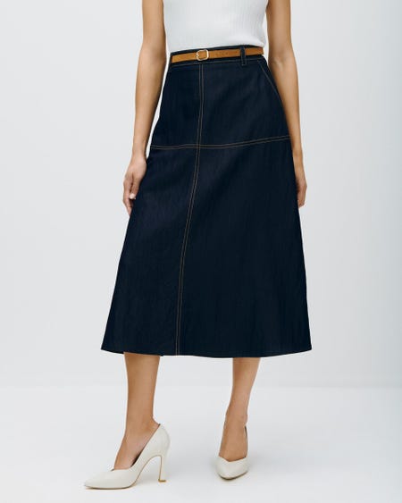 Falda Midi Línea A Sarga Ligera Tipo Denim Con Cinturón