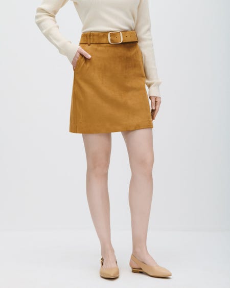Mini Falda De Suede Cognac Con Cinturón