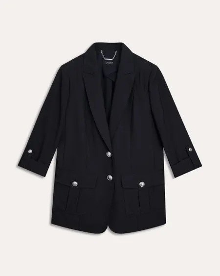 Blazer Negro De Bambú Con Hombreras Estilo Safari