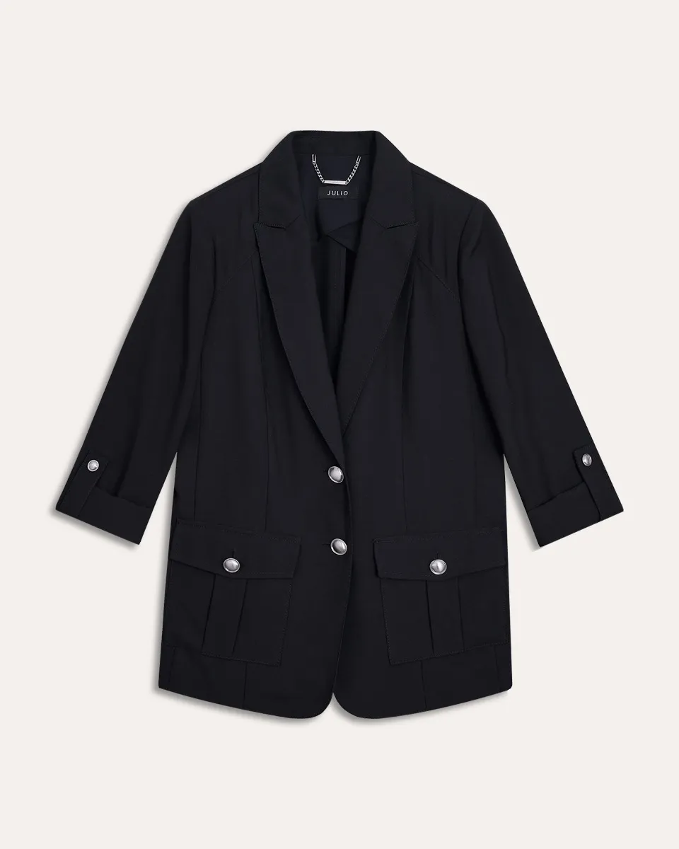Blazer Negro De Bambú Con Hombreras Estilo Safari 