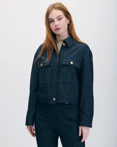 Chamarra Tipo Denim A Rayas Cuello Camisero Con Aletilla