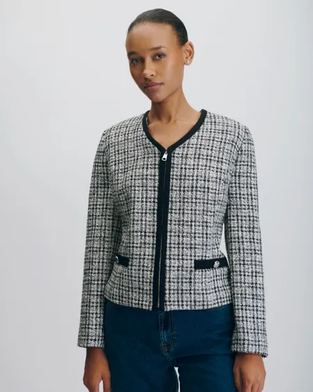 Chaqueta Corta De Tweed Ribetes En Contraste Con Cierre