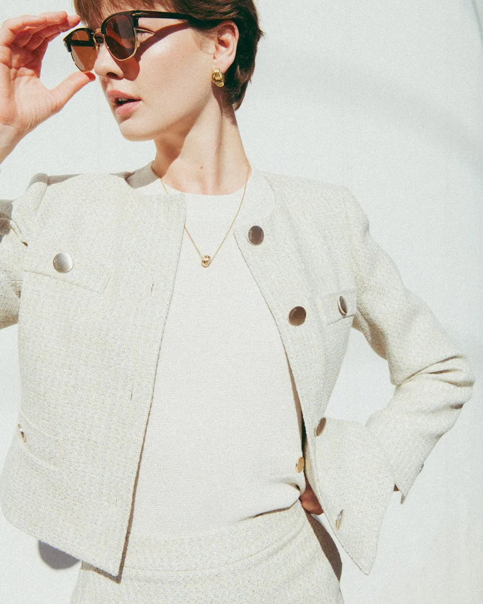 Chaqueta Corta De Tweed Bicolor Azul Aura Con Lúrex Aletilla Con Botones 