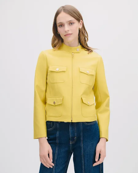 Chaqueta De Punto Estilo Safari Amarillo Aceite Cuello Alto