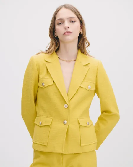 Saco De Tweed Estilo Safari Amarillo Aceite Solapa De Pico