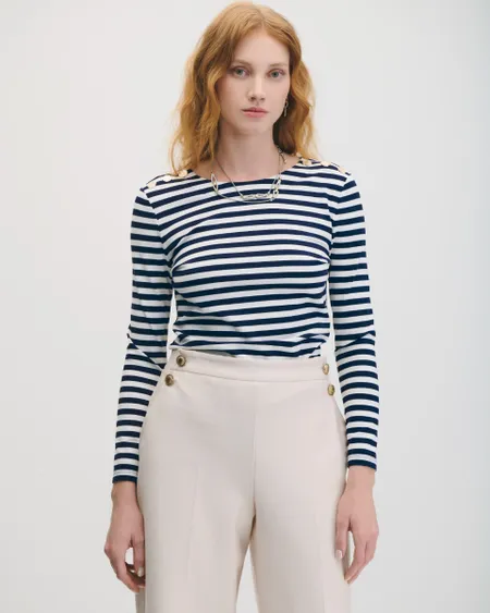 Blusa De Punto A Rayas Azul Marino Pespuntes En Escote