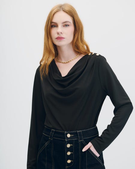 Blusa Negra De Punto Escote Drapeado Botones En Hombro