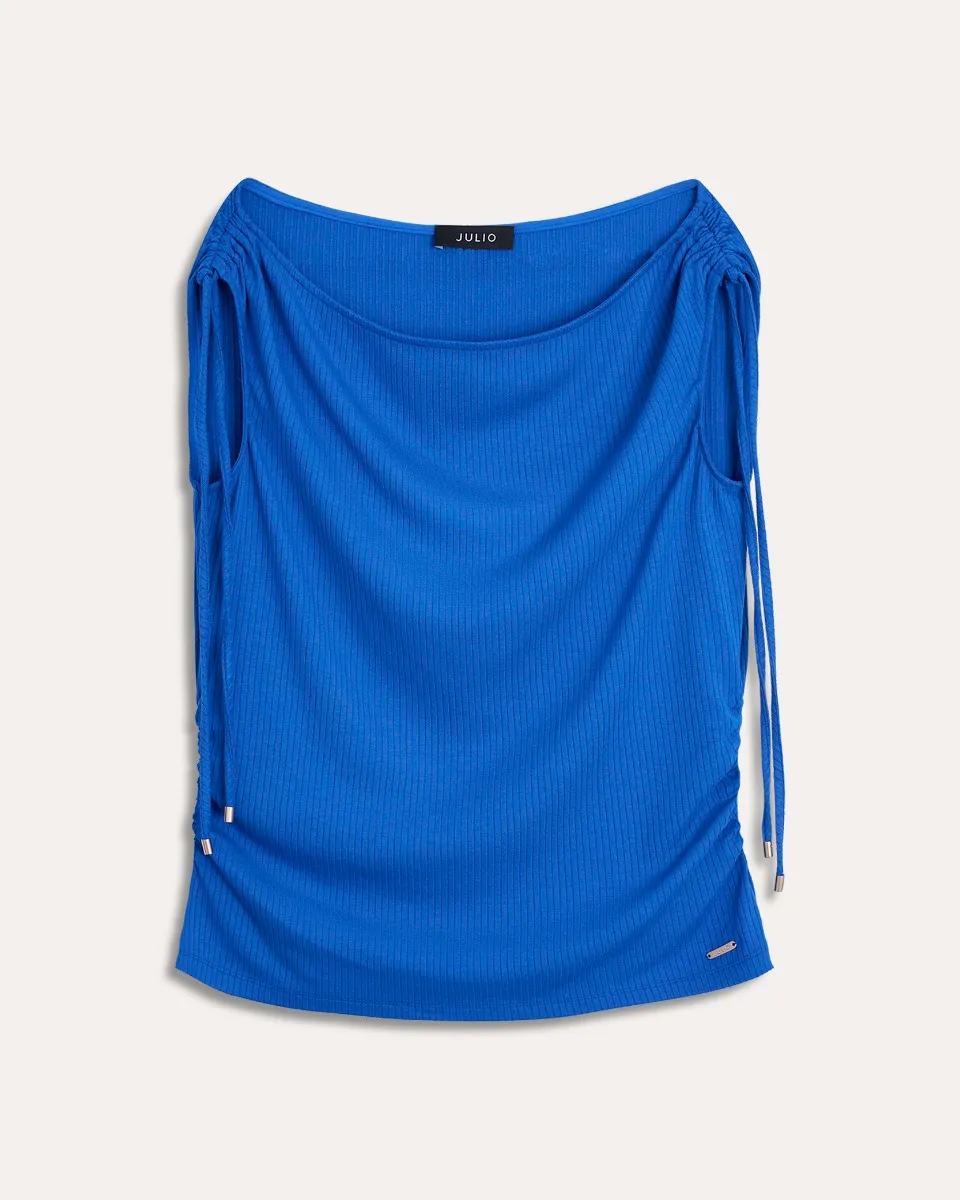 Blusa Tejido Canalé Azul Rey Jaretas En Hombros Y Pliegues 