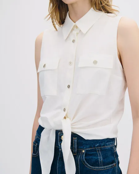 Blusa Camisera Hueso Amarre En Ruedo