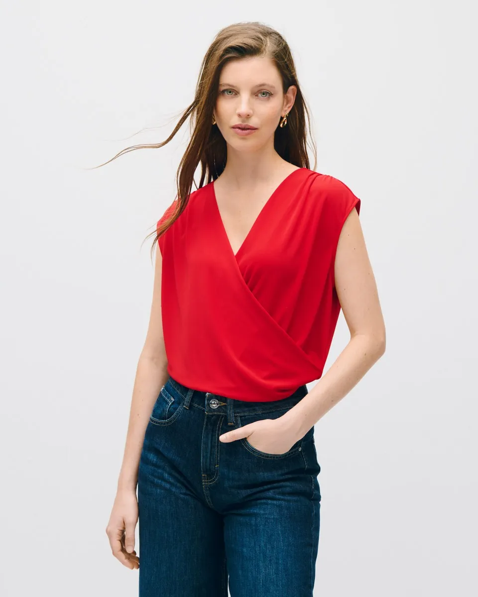 Blusa De Punto Envolvente Roja Con Frunces