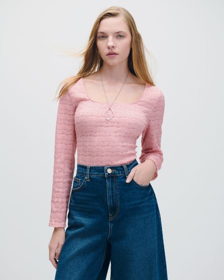 Blusa Encaje De Punto Coral Escote Cuadrado