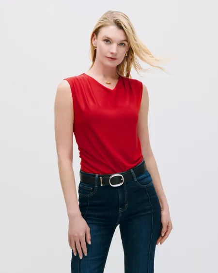 Blusa Roja De Punto Escote Drapeado Con Alforzas Y Frunces