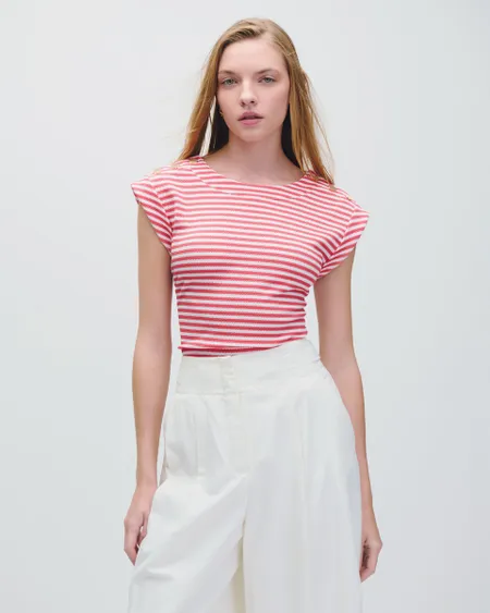 Blusa Tejido Piqué A Rayas Rosa Y Blanco Manga Sisa Botones En Hombro