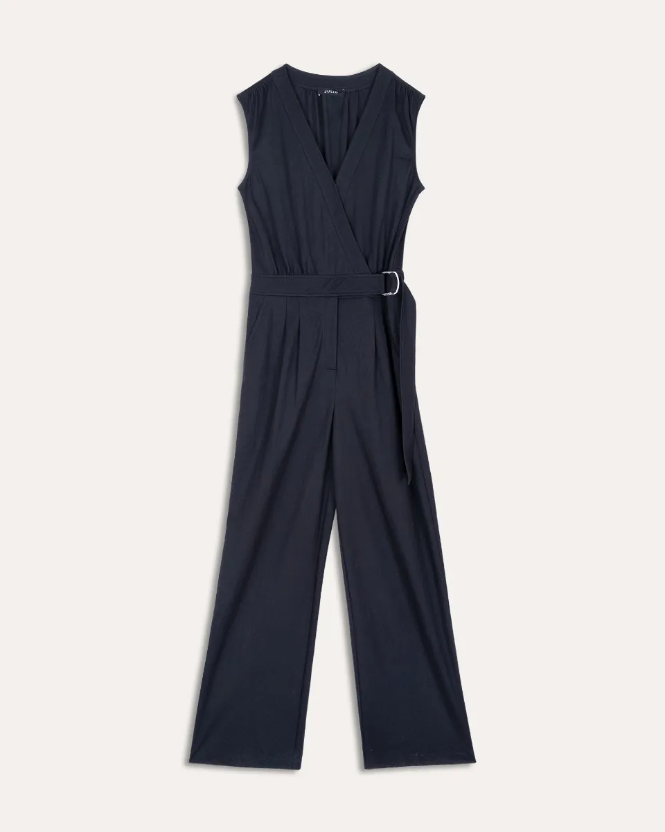 Jumpsuit Cruzado Negro Recto Fluido Con Banda 